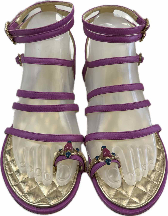 Chanel Purple Leather Embellished toe ring Sandal