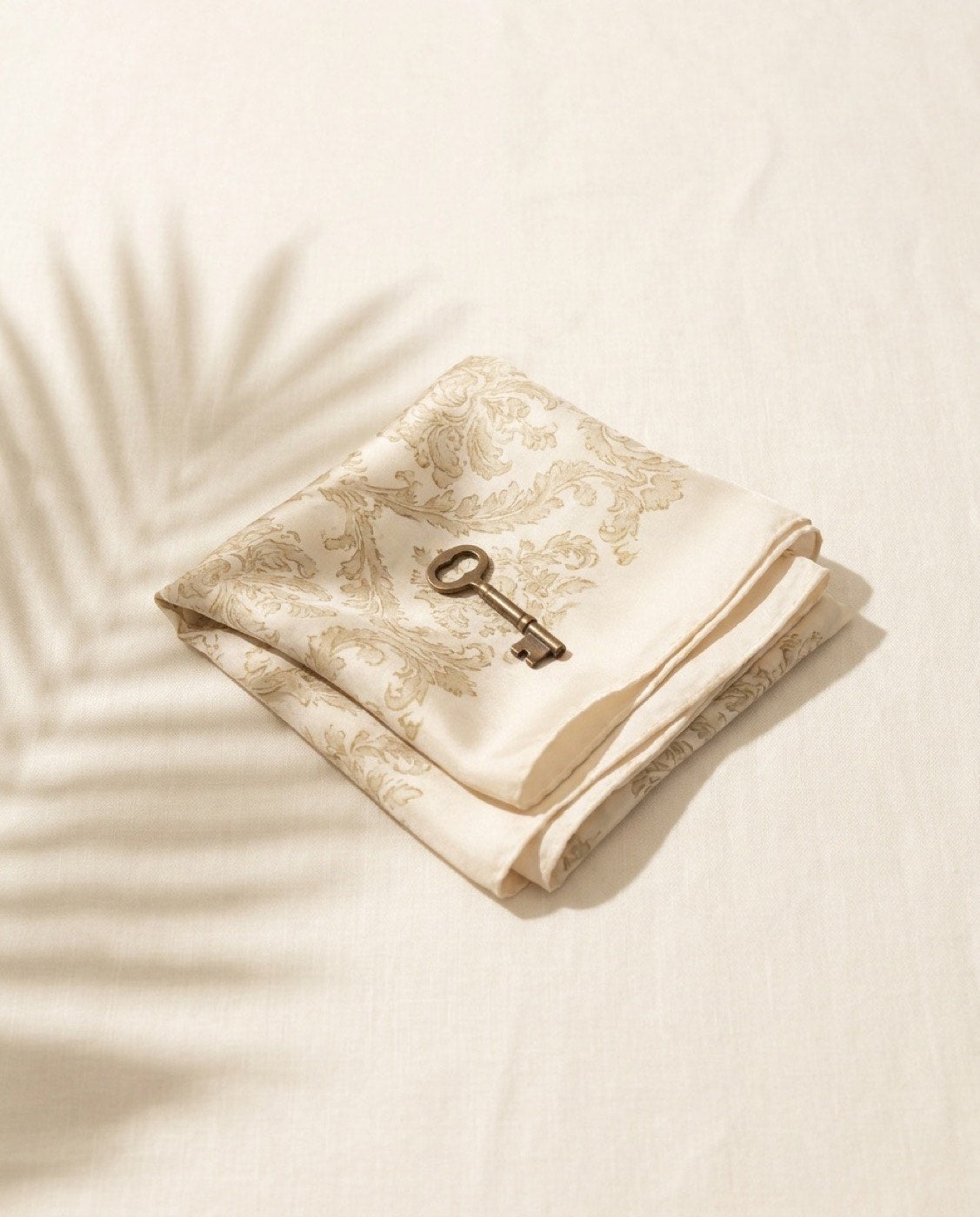 A folded silk scarf and brass key on ivory linen